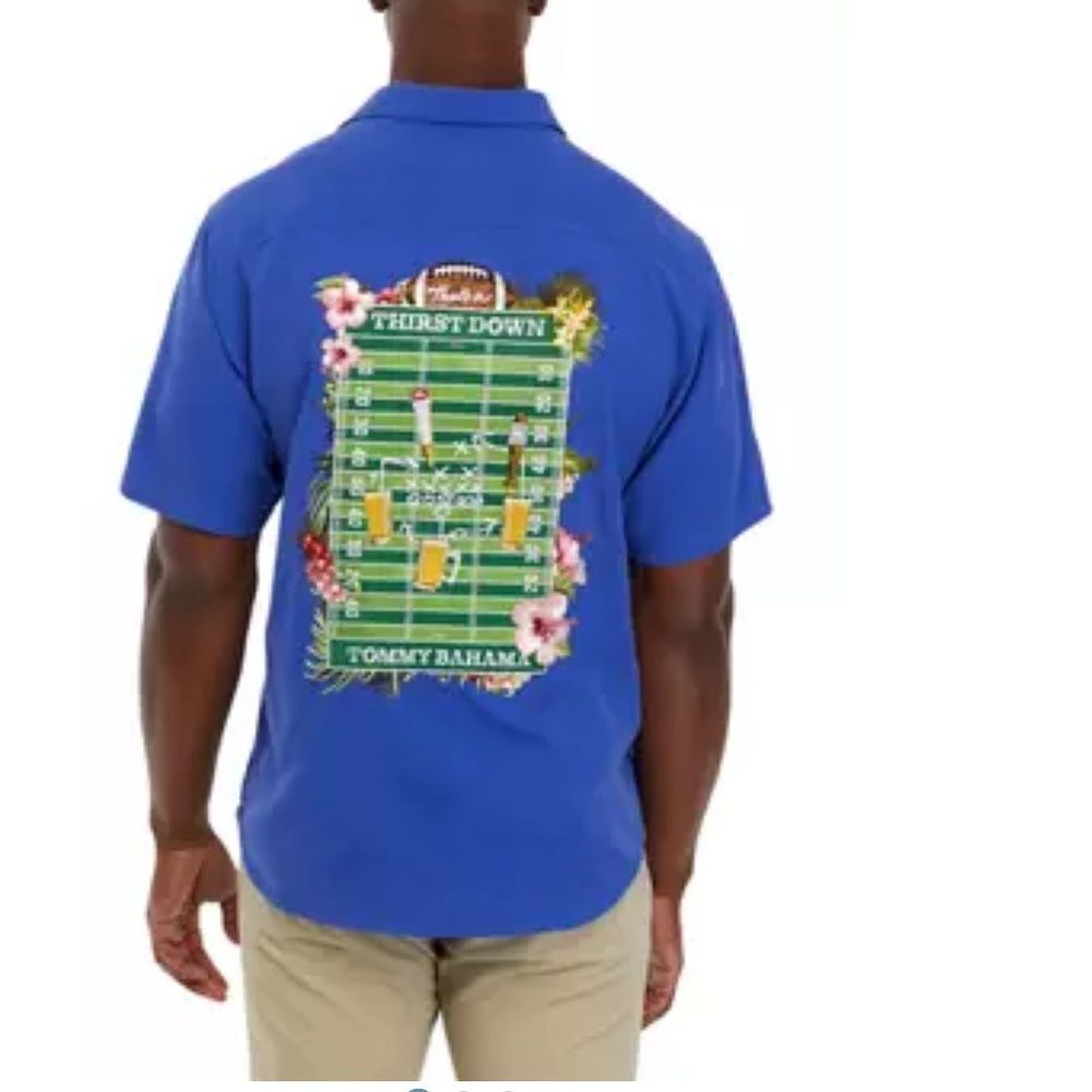Tommy Bahama Thirst‎ Down Blue Silk Embroidered Football Beer Shirt Men’s Large